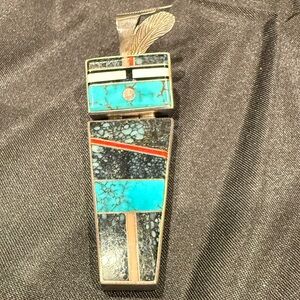 Larry M Chavez Navajo sterling High grade turquoise, Coral yei pendant